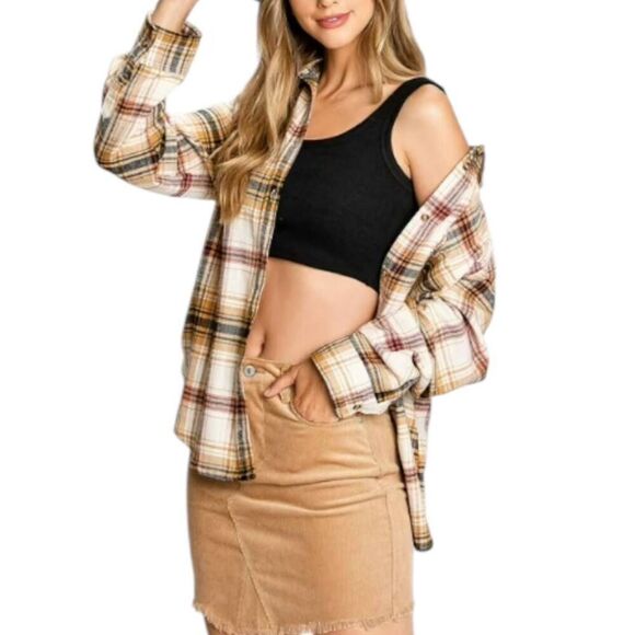 LOVE TREE CREAM & BROWN FLANNEL BLOUSE SZ.S EUC. - Picture 1 of 11